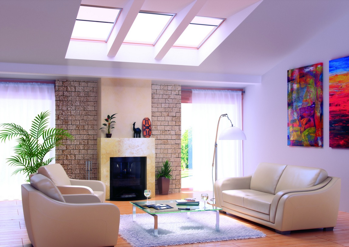 living room with a skylight