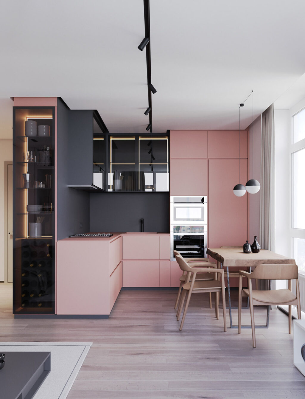 Blush Pink L Shaped Kitchen Interior Design Ideas