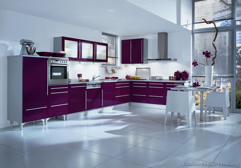 Modern Purple Kitchen White Tile Flooring 