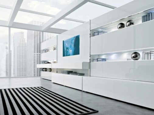 white striking minimalist contemporary living spaces built ins