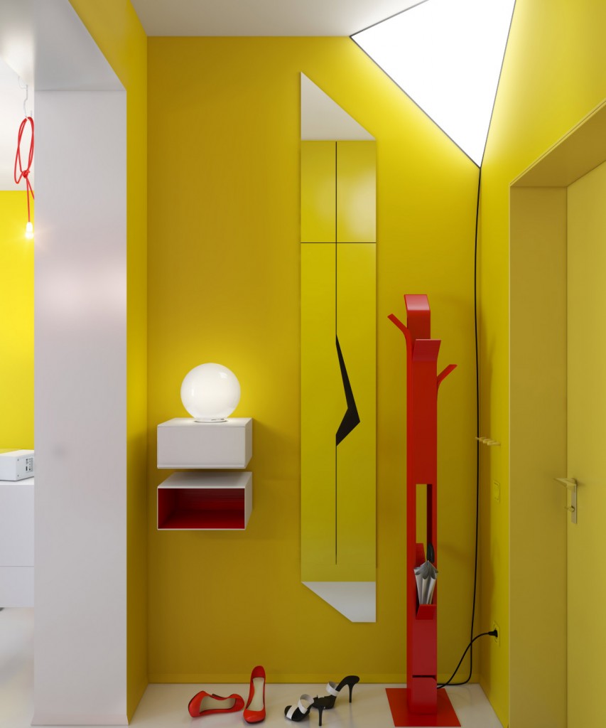 yellow hallway red accents | Interior Design Ideas