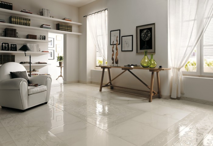 Textured white ceramic tile border floor | Interior Design Ideas