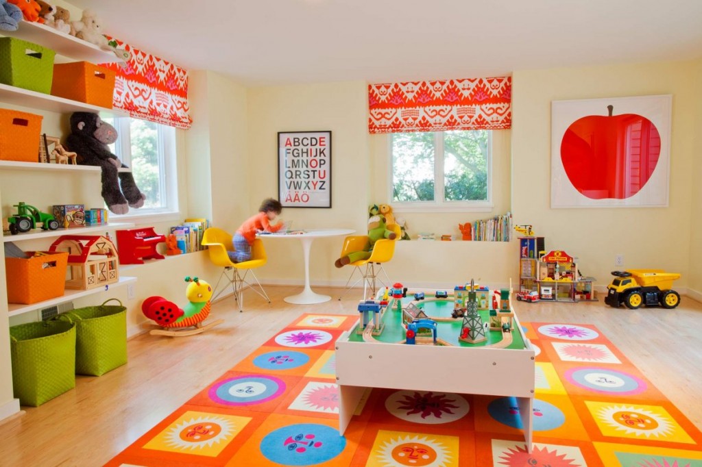 Geometric and floral mat in brightly colored child’s playroom