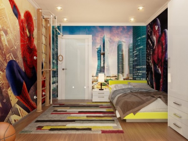 Spiderman Themed Bedroom With Downlighting And Cityscape Feature Wall   Spiderman Themed Bedroom With Downlighting And Cityscape Feature Wall 600x450 