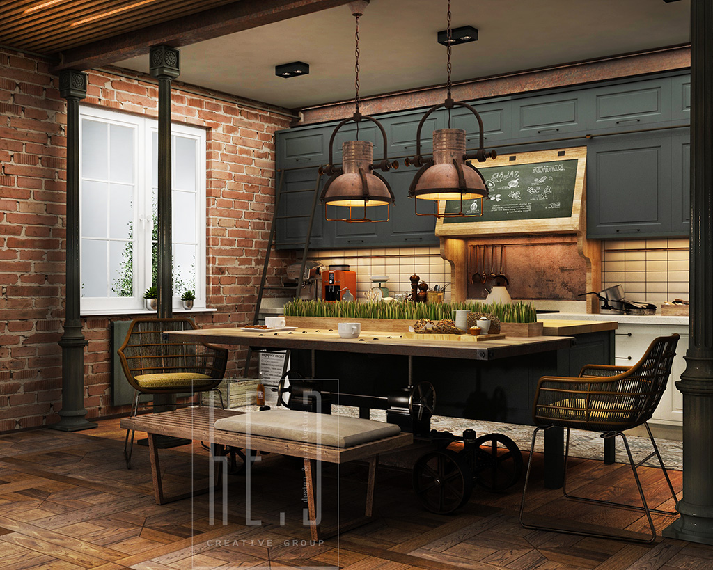 large kitchen wall with industrial decor