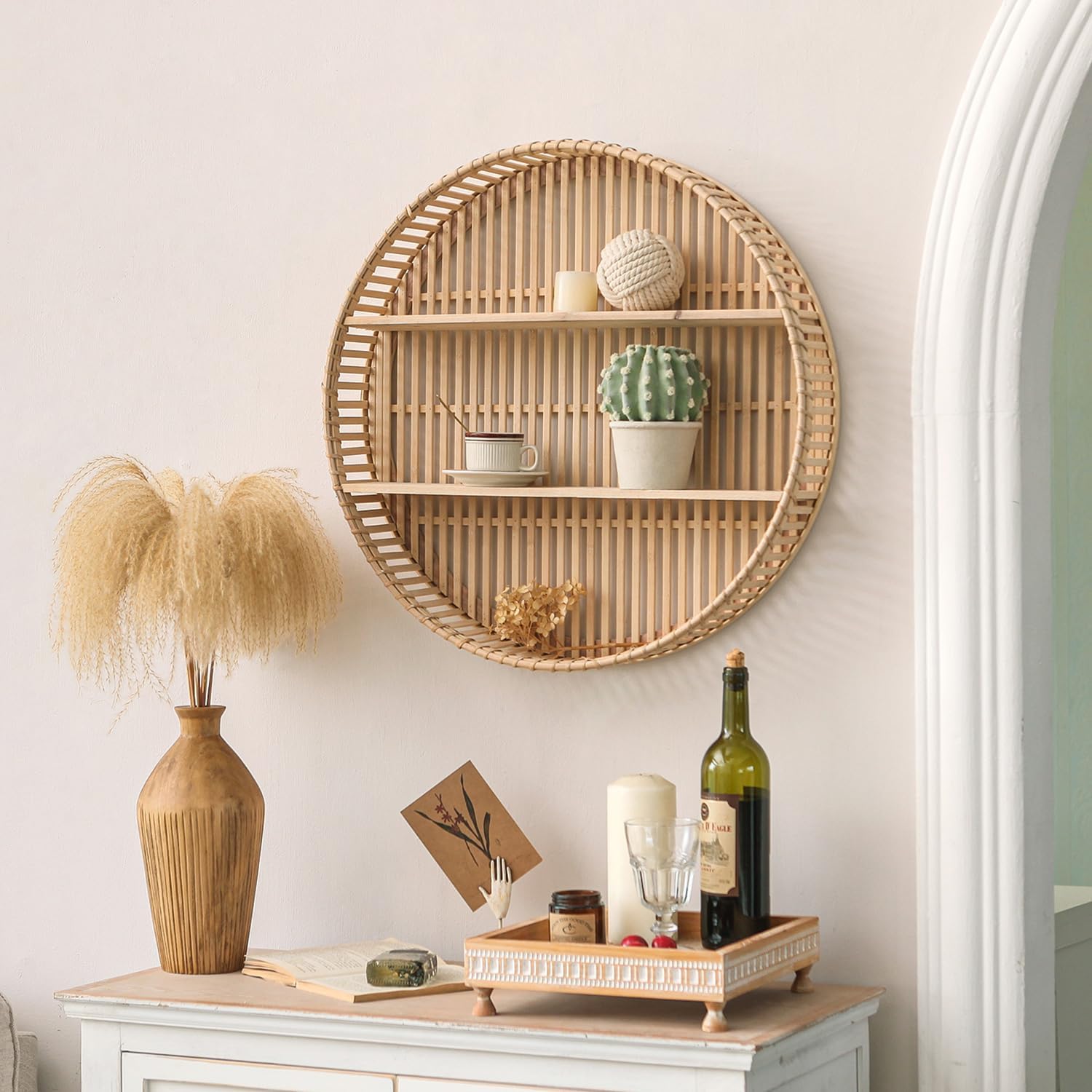 Round rattan wall shelf