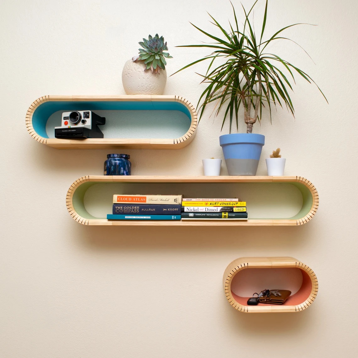 Colorful floating wooden shelves