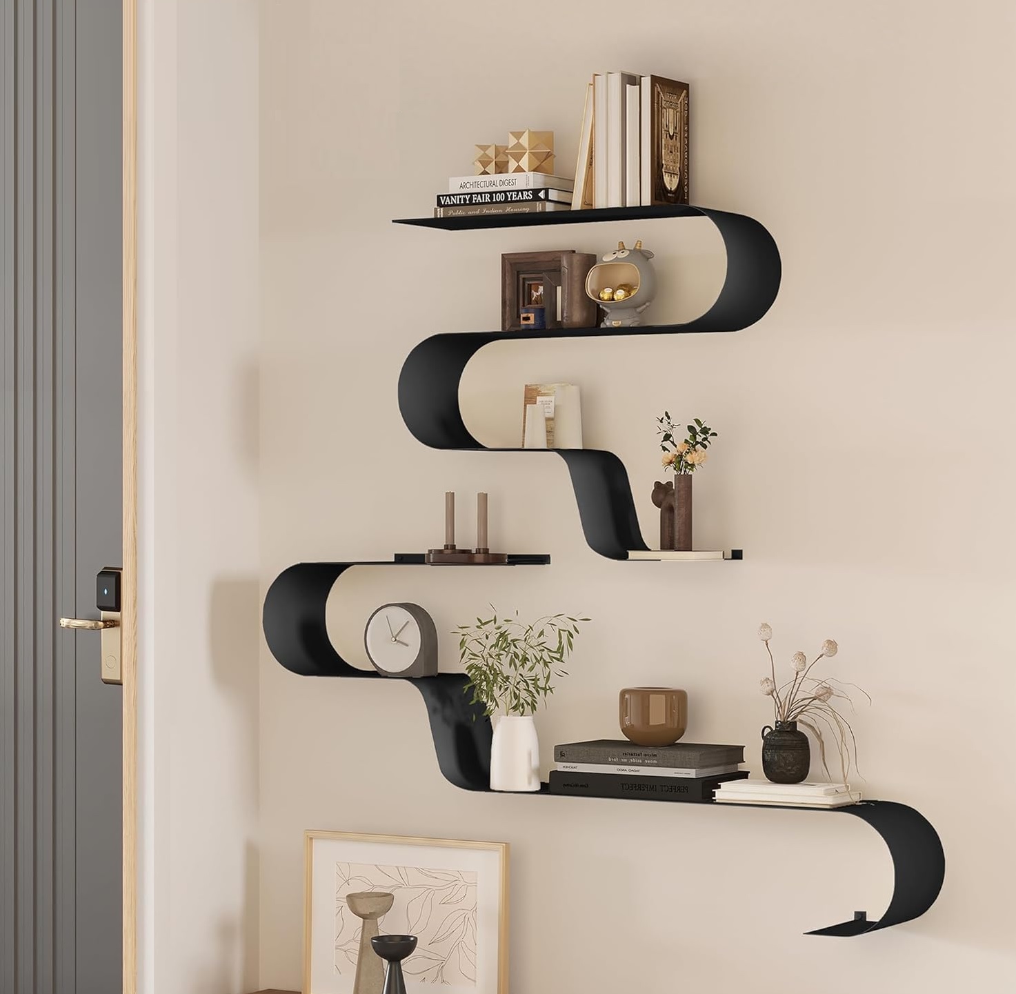 Curvy black wall shelf arrangement