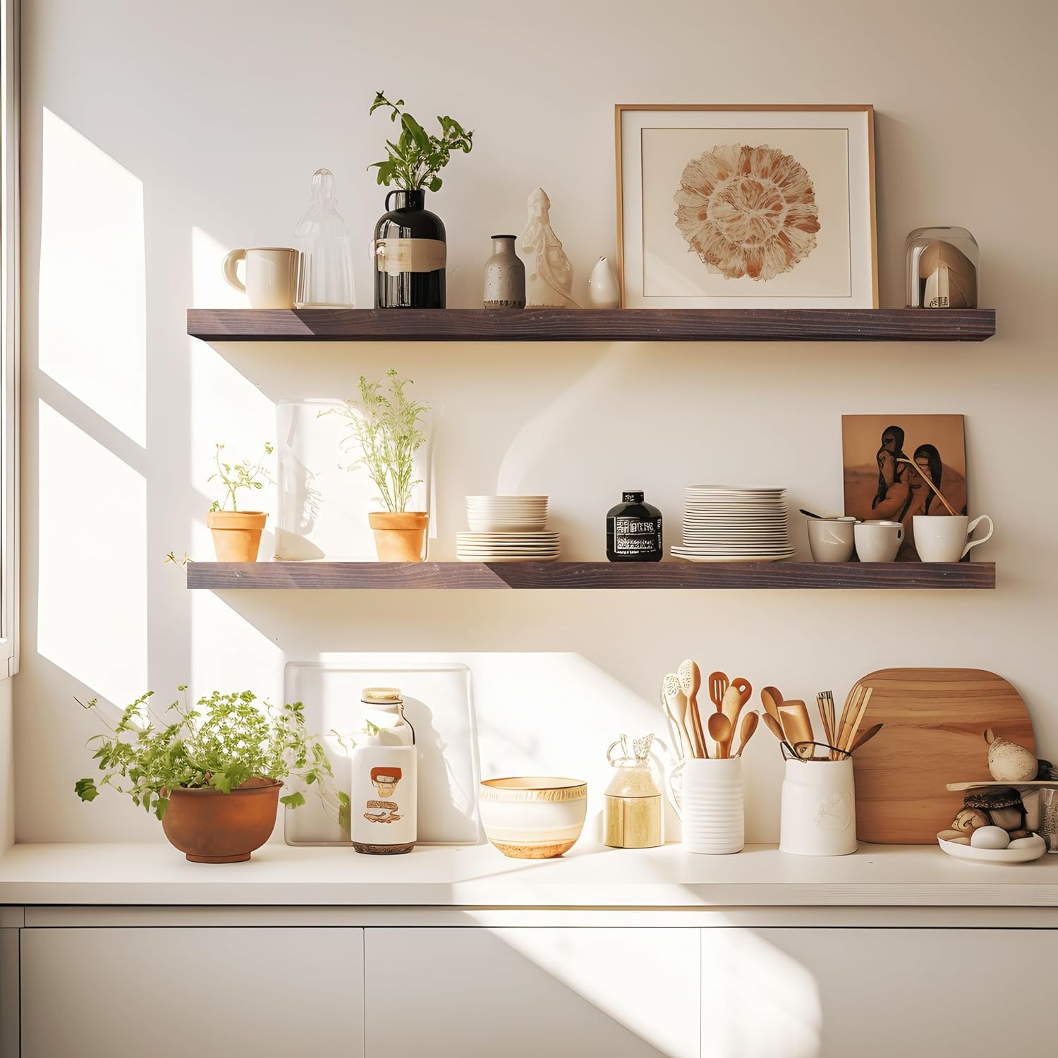 Two long open shelves in the kitchen