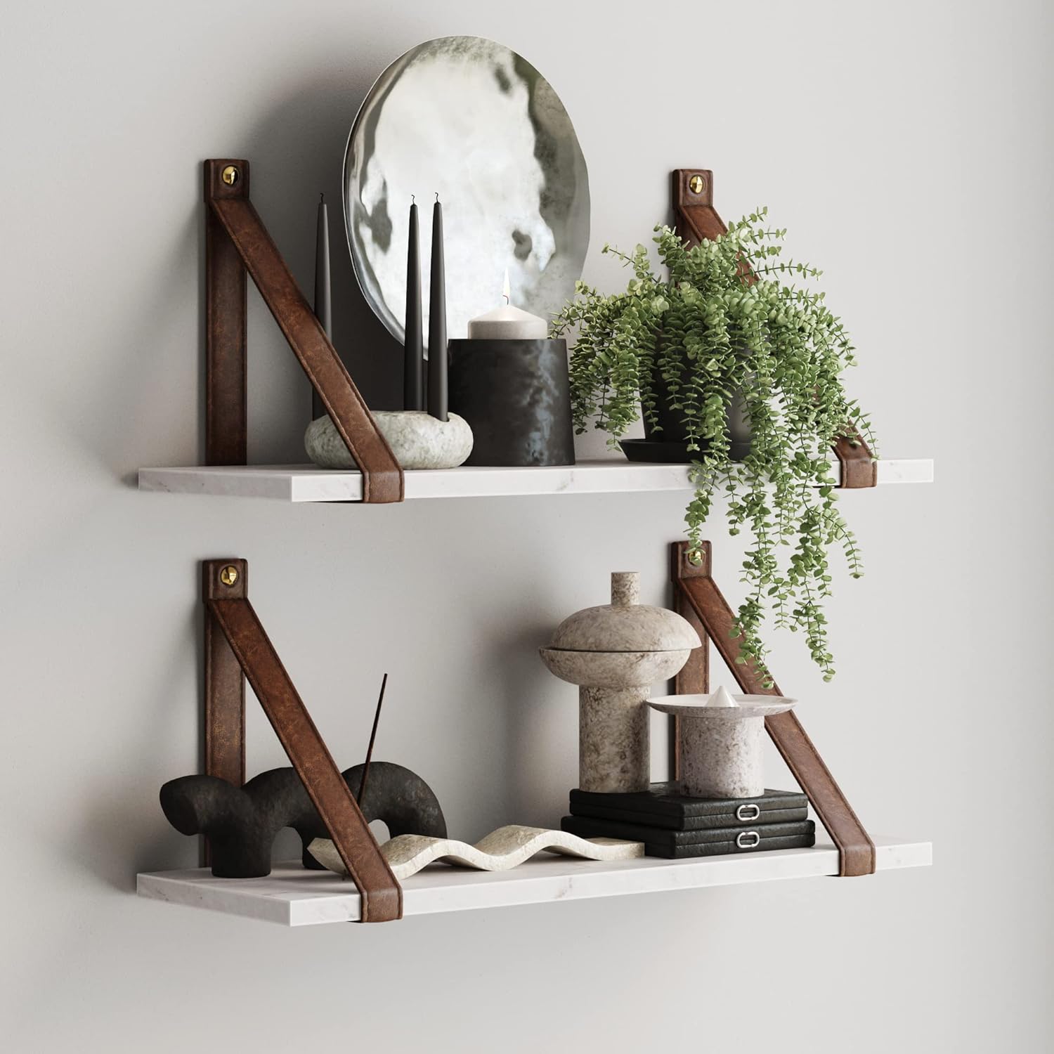 White hanging shelves with leather straps