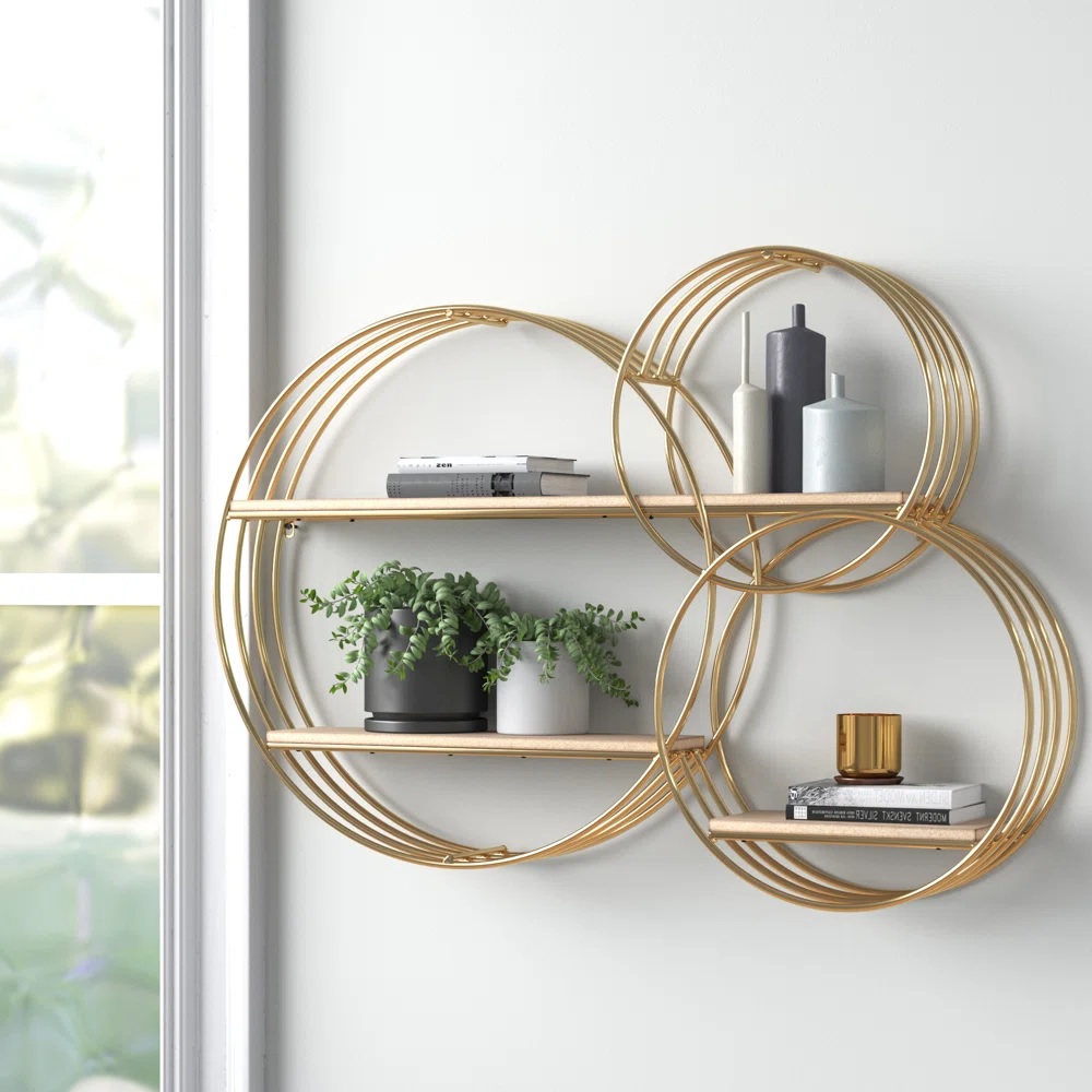 Round gold and wood shelves