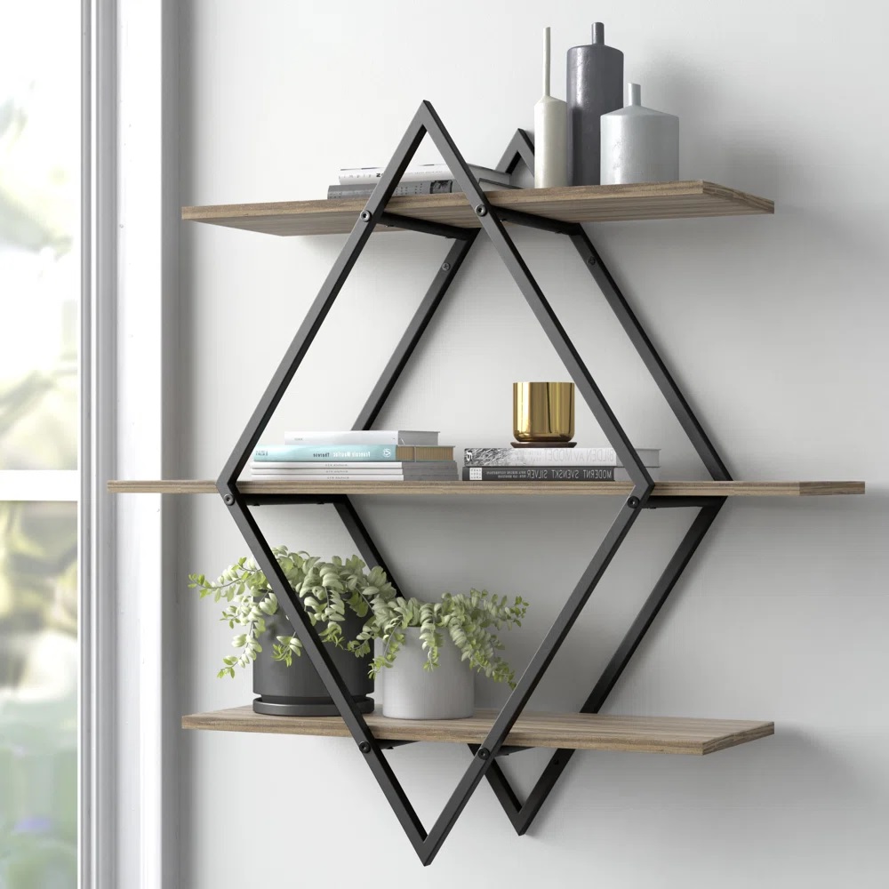 Diamond-shaped metal and wood shelf