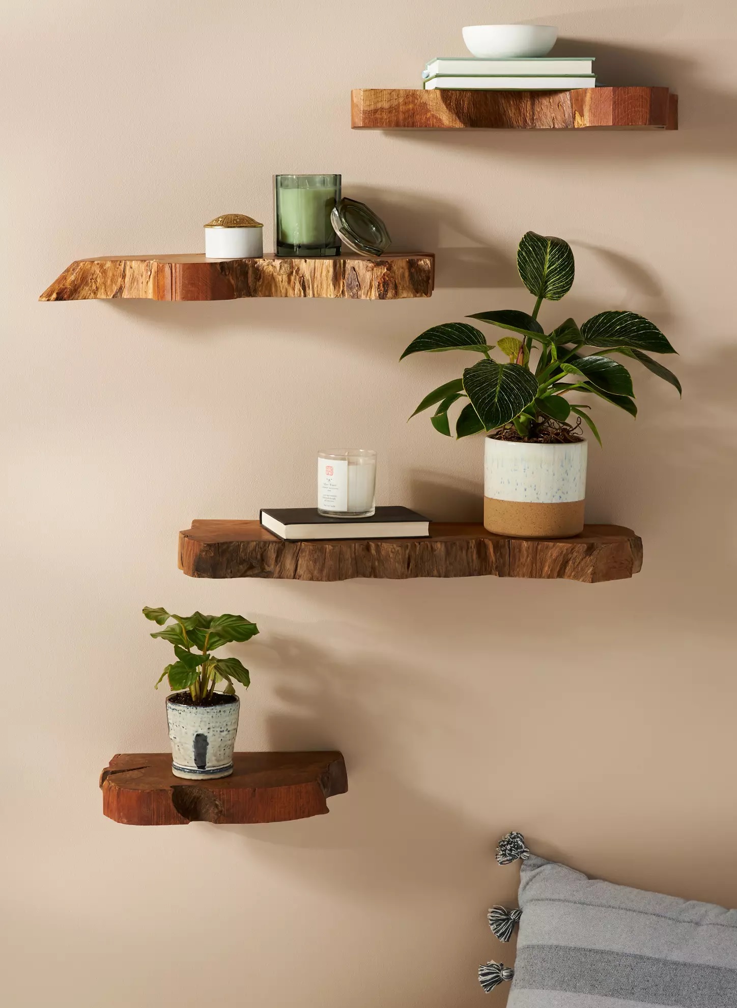 Four wood shelves with live edges