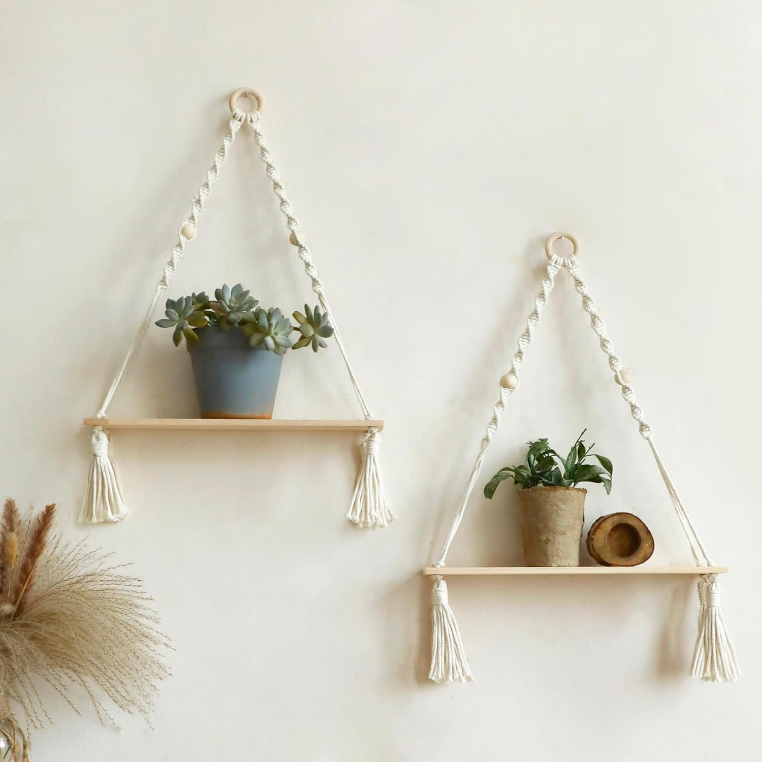 Two wood shelves with macrame hangers