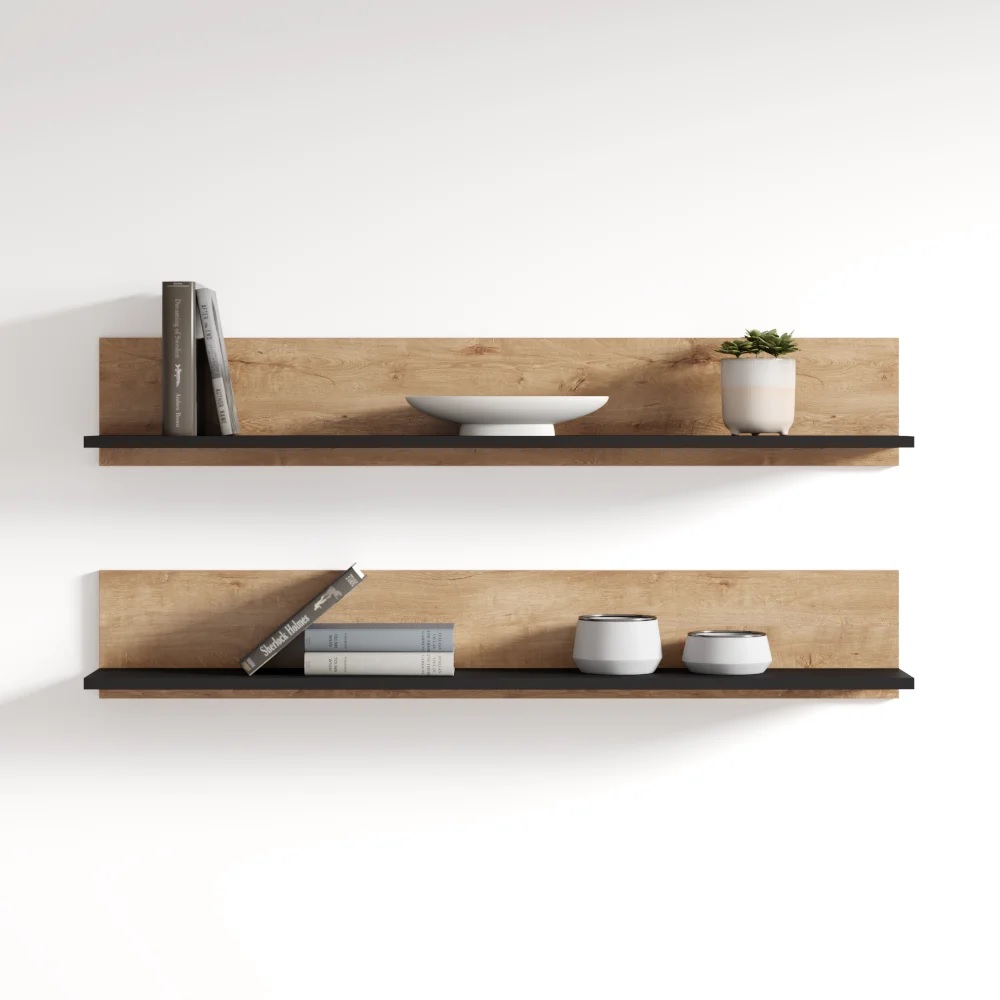 Two wood and black floating shelves