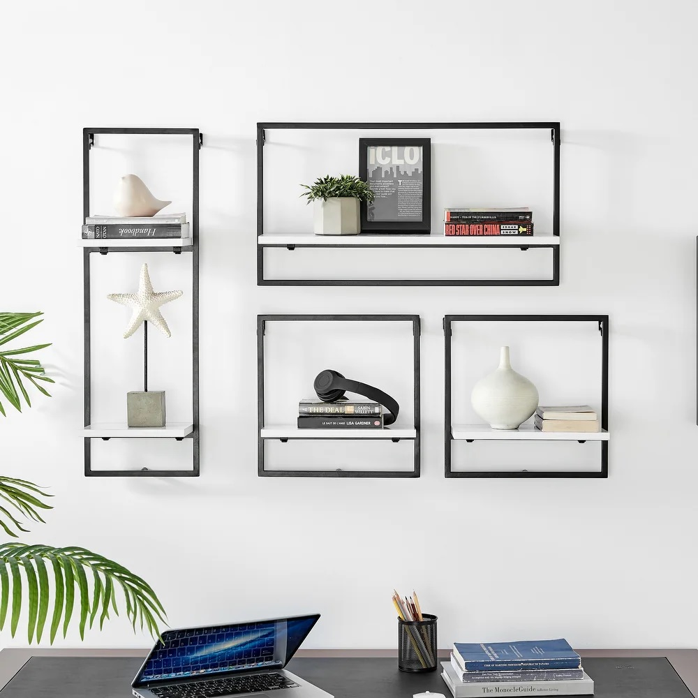 White framed wall shelves