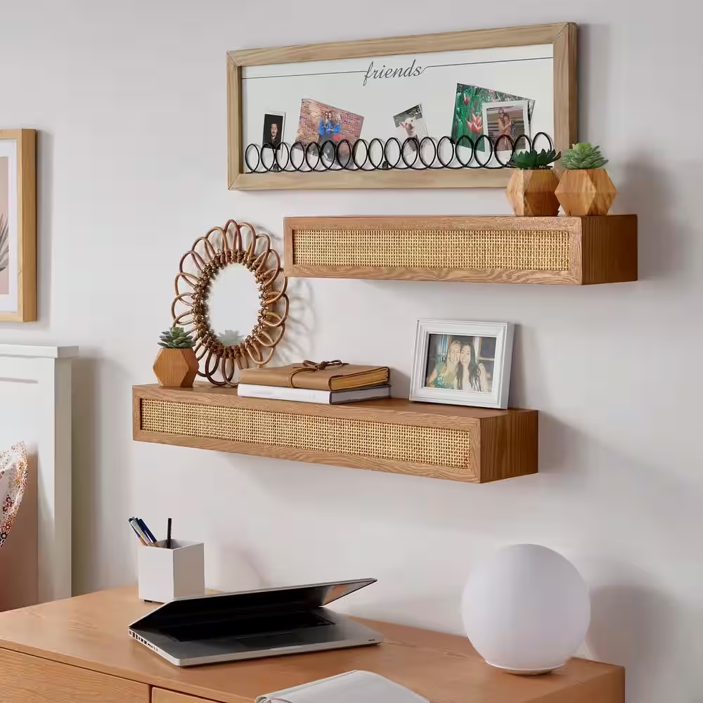 Wooden shelves with cane details