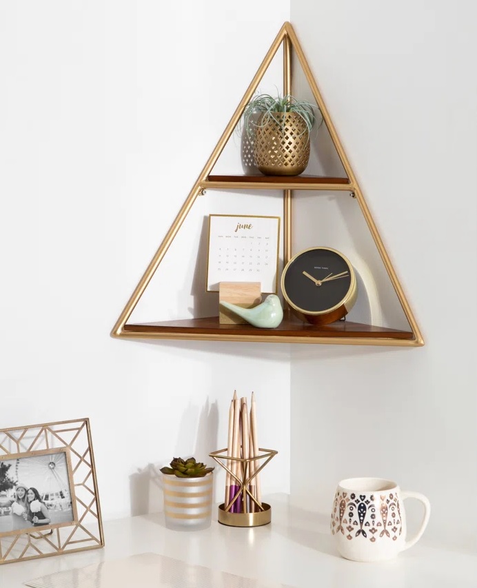 Gold and wood triangle shelf