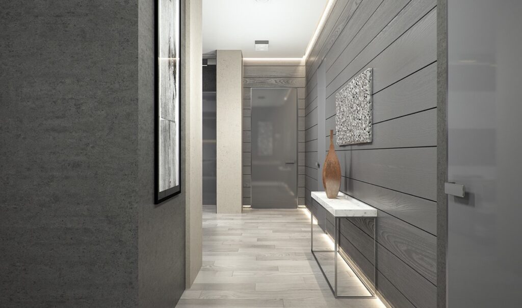 Shades of grey hallway grey granite grey painted slatted wood ...