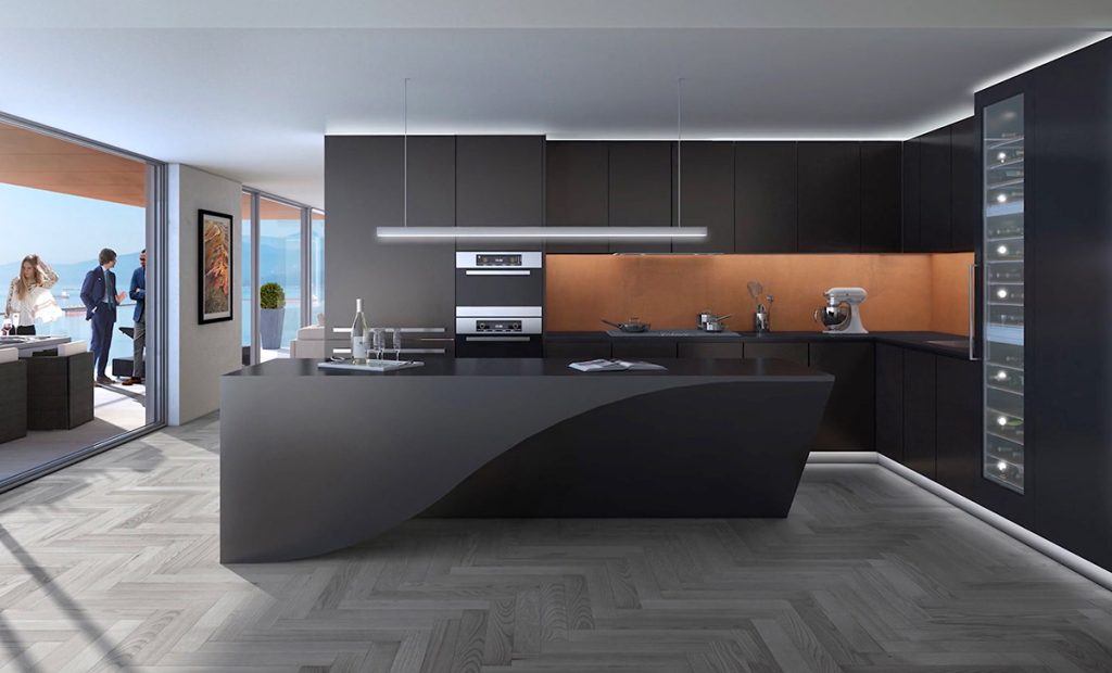 black and brown kitchen with statement island