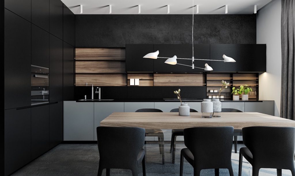 black and wooden kitchen with table