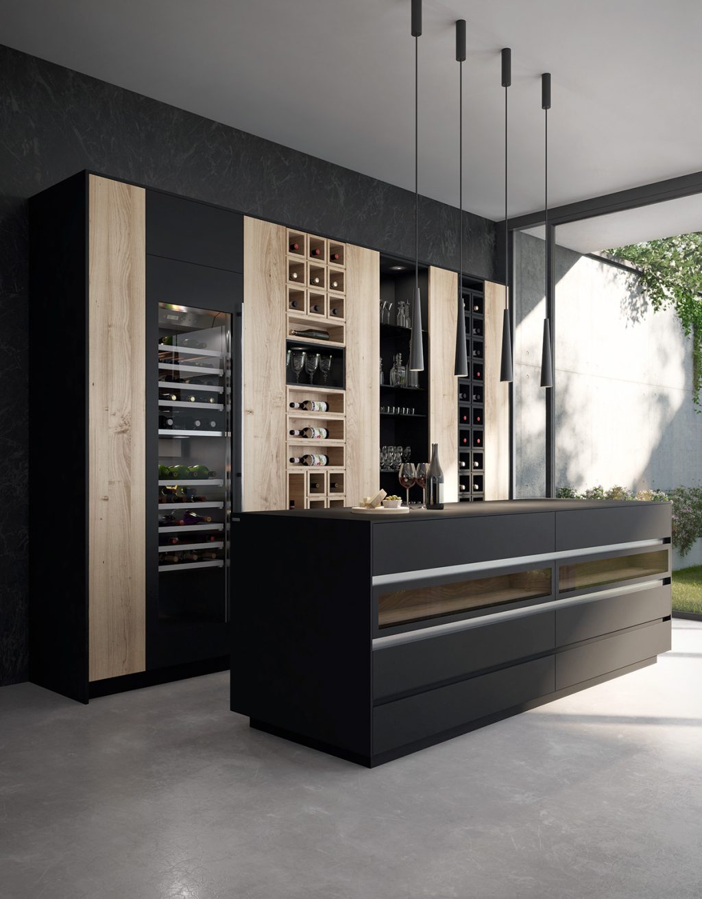 black and wooden tone kitchen with bar