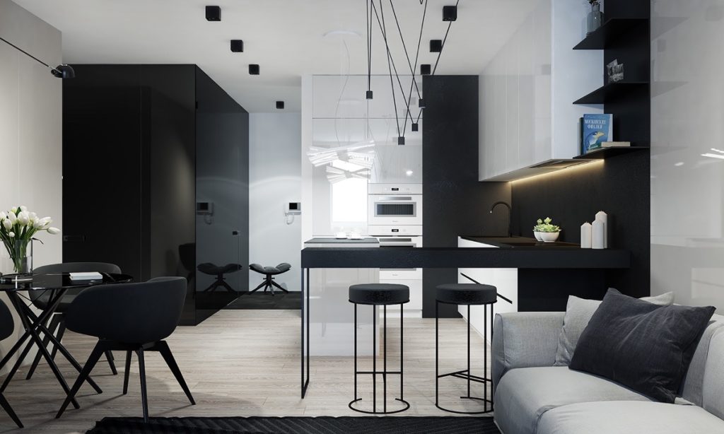 black kitchen interior with stenciling