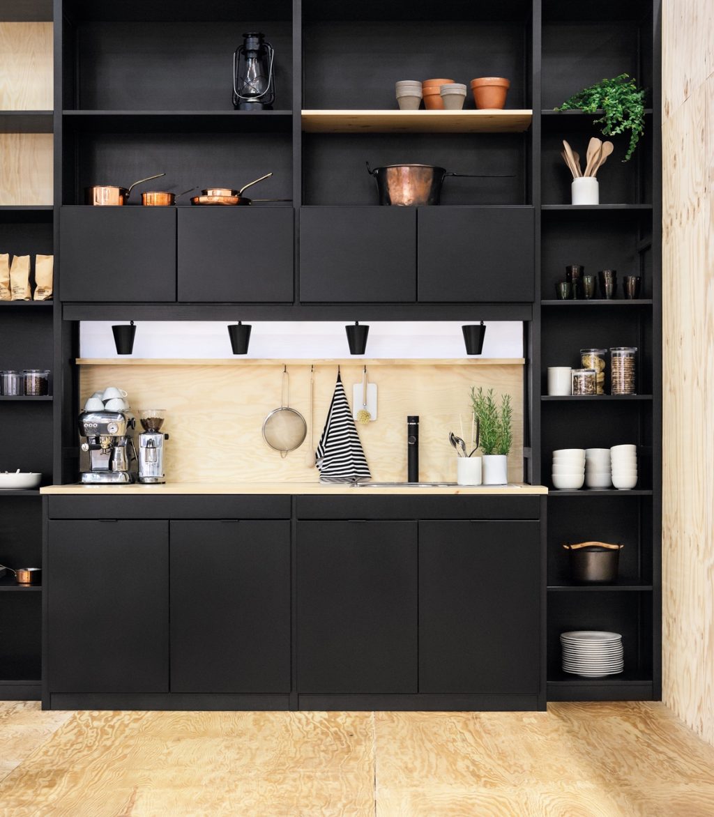 black kitchen with accessories