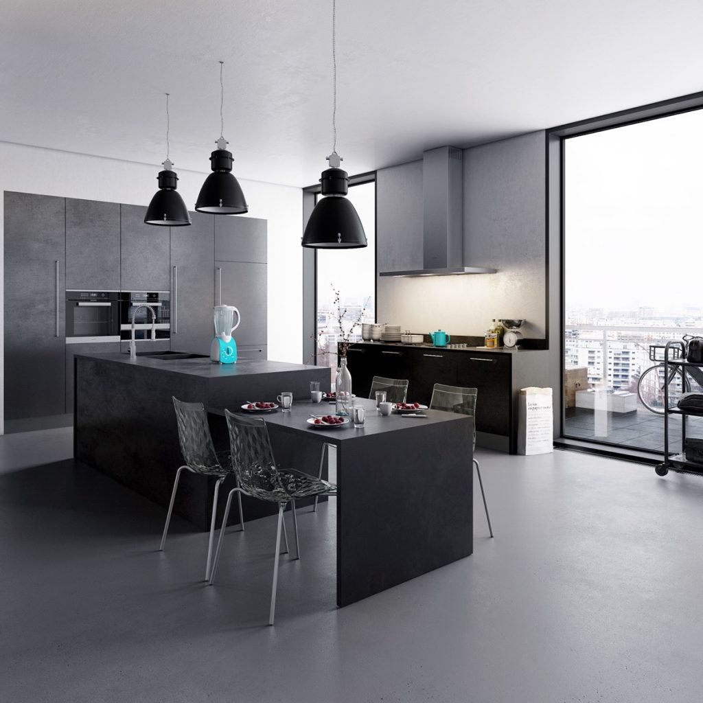 black kitchen with island and dining table