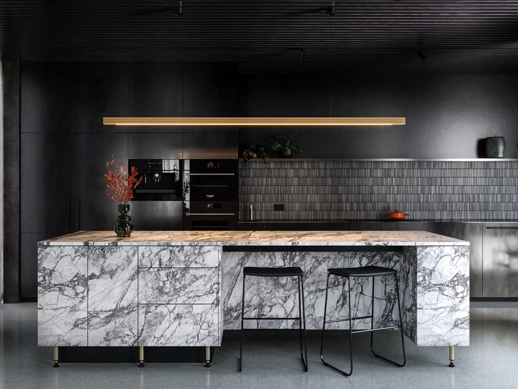 black kitchen with patterned island