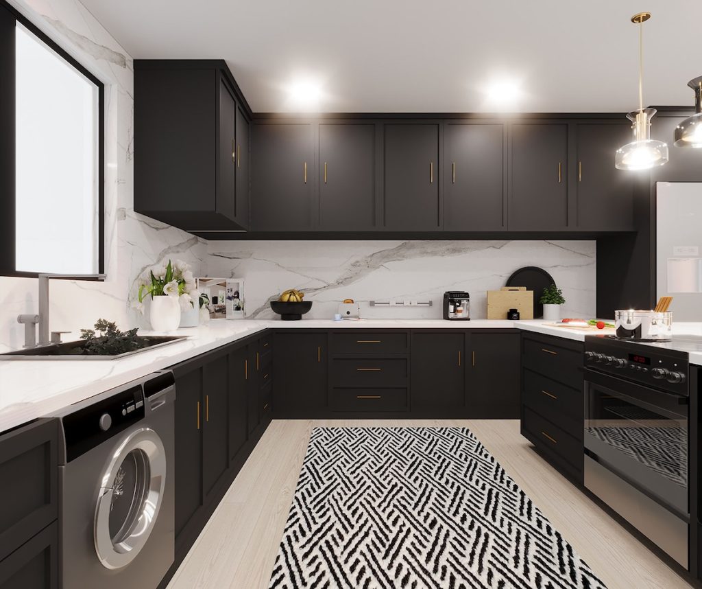 black kitchen with patterned rug