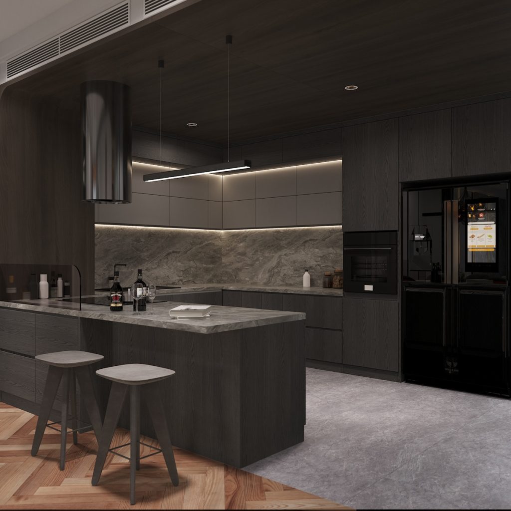 black kitchen with textured backsplash