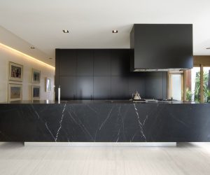 black modern kitchen with marble