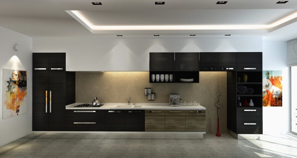 black white and wooden kitchen with light