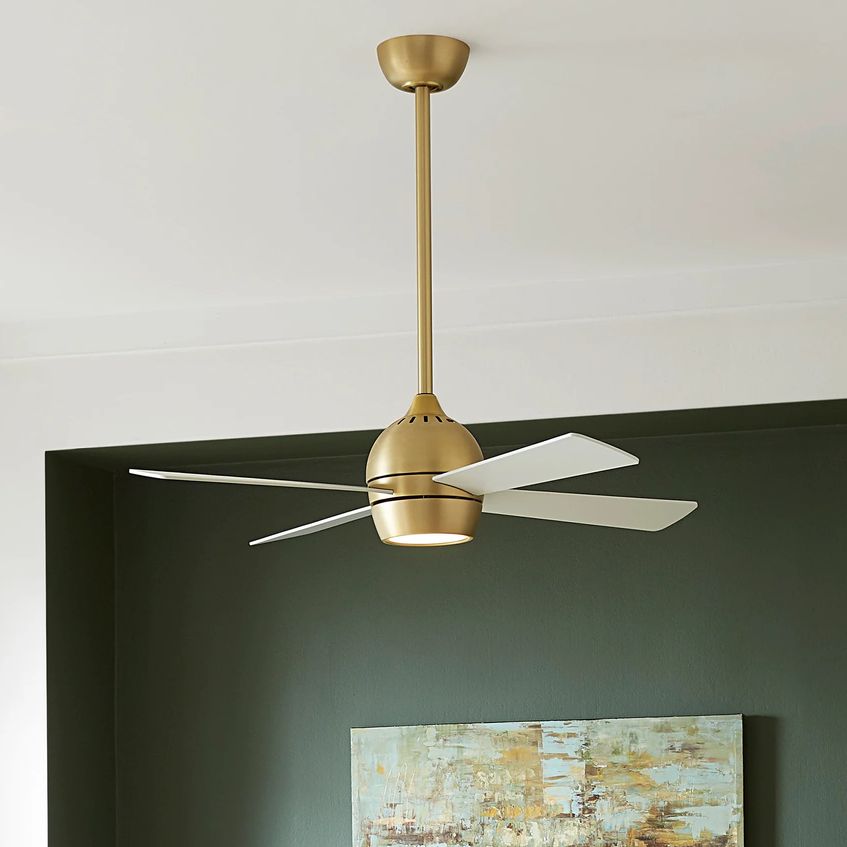 Brass pendant light with white fan blades