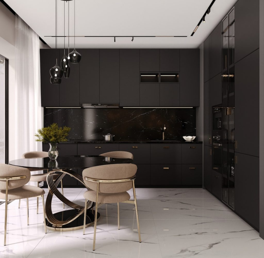 compact black kitchen with marble backsplash