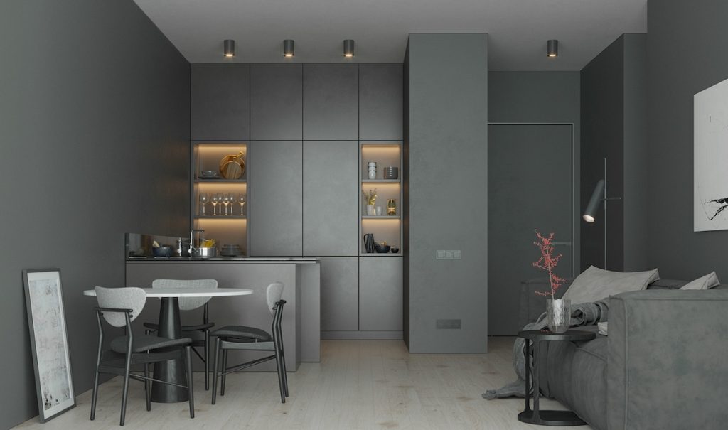 dark grey open kitchen interior