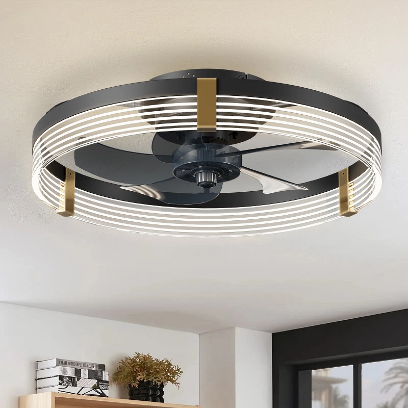 Small flush mount ceiling fan with LED lighting and brass details