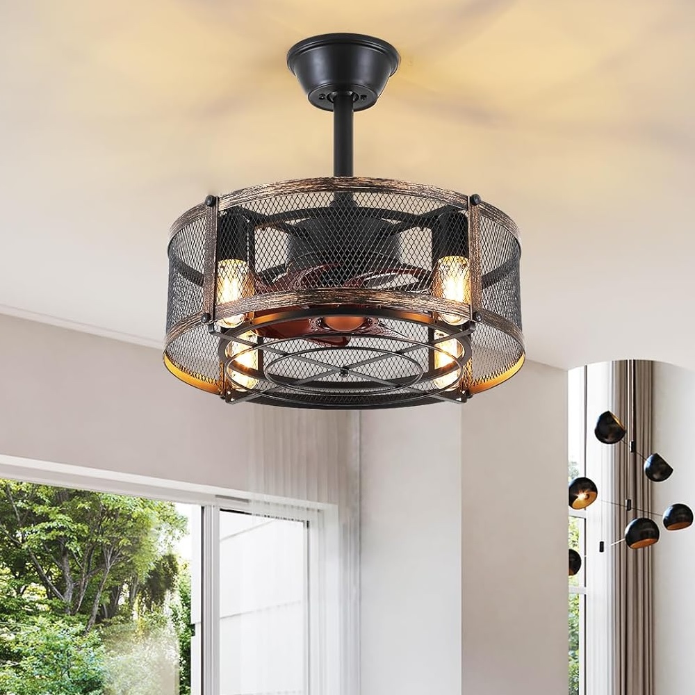 Caged ceiling fan with Edison bulb lighting