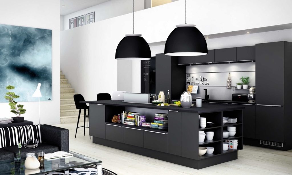 modorn black kitchen with chunky pendant lights