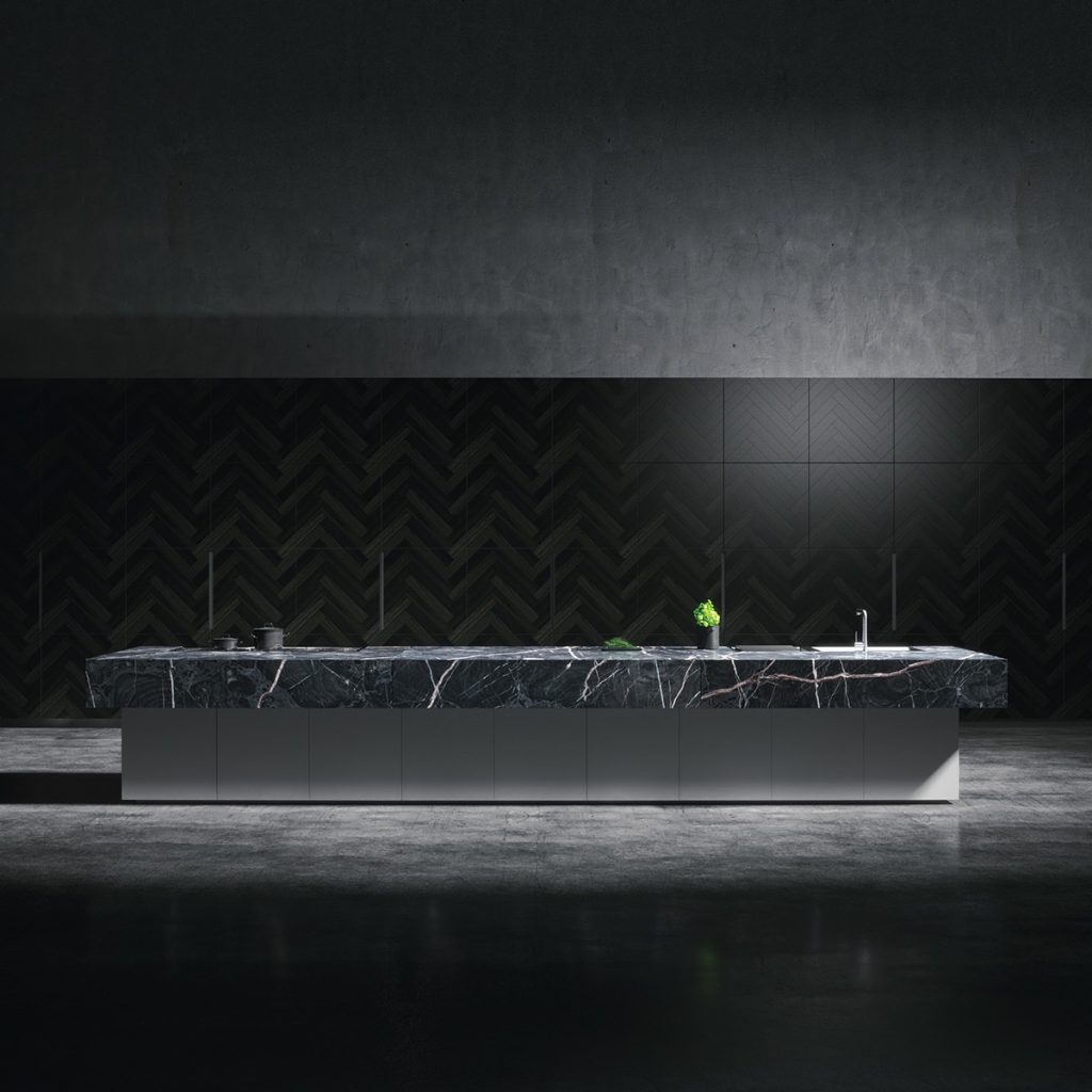 mysterious black kitchen with marble island