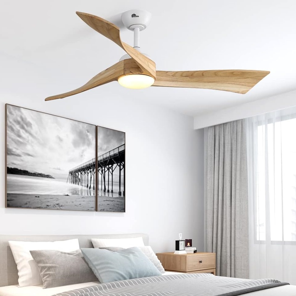 Ceiling fan with curved wood blades