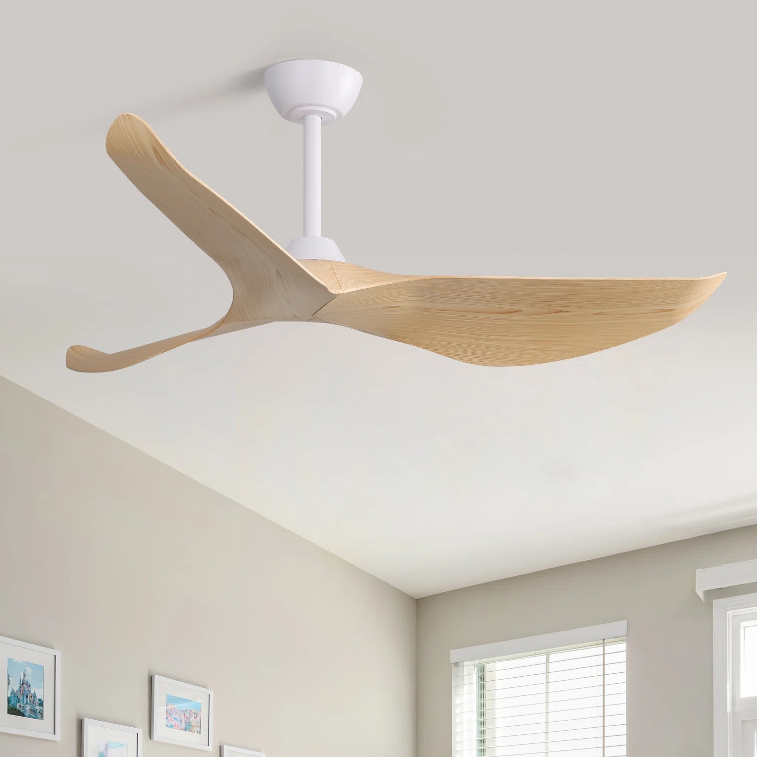 Ceiling fan with blonde wood-look blades