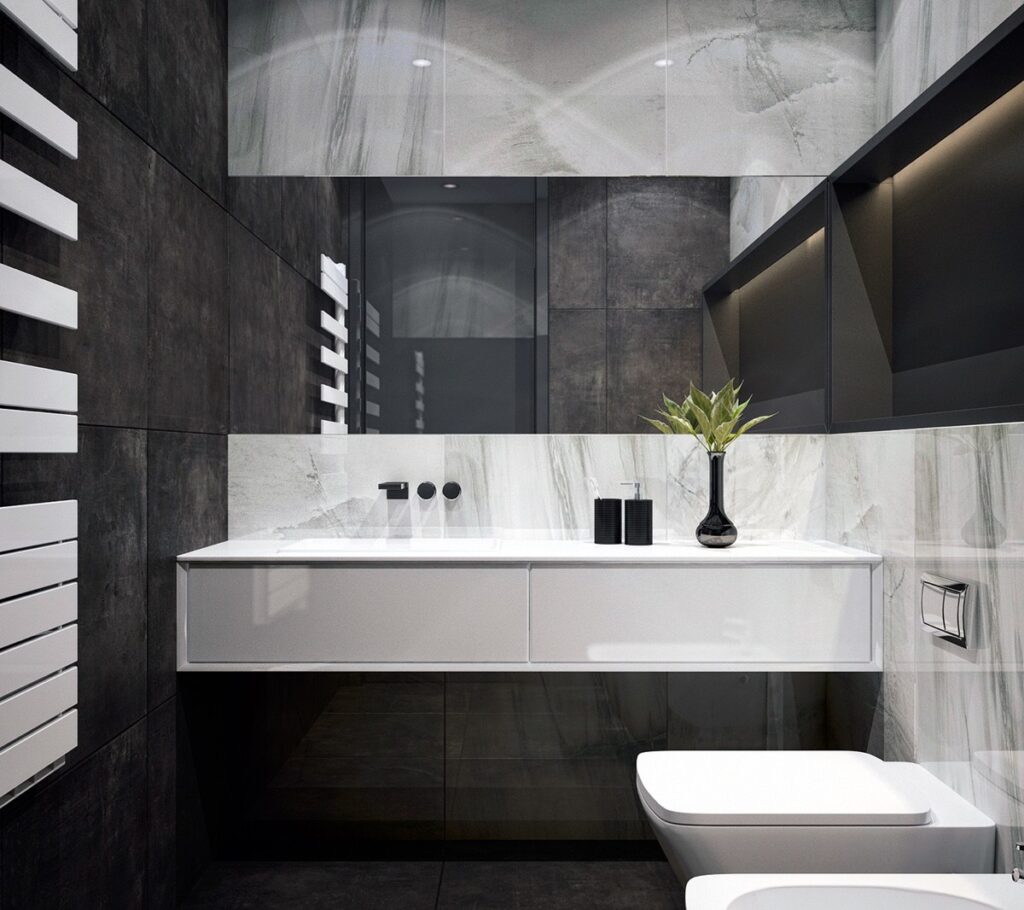 shades of grey bathroom large format tiles central mirror panel ...