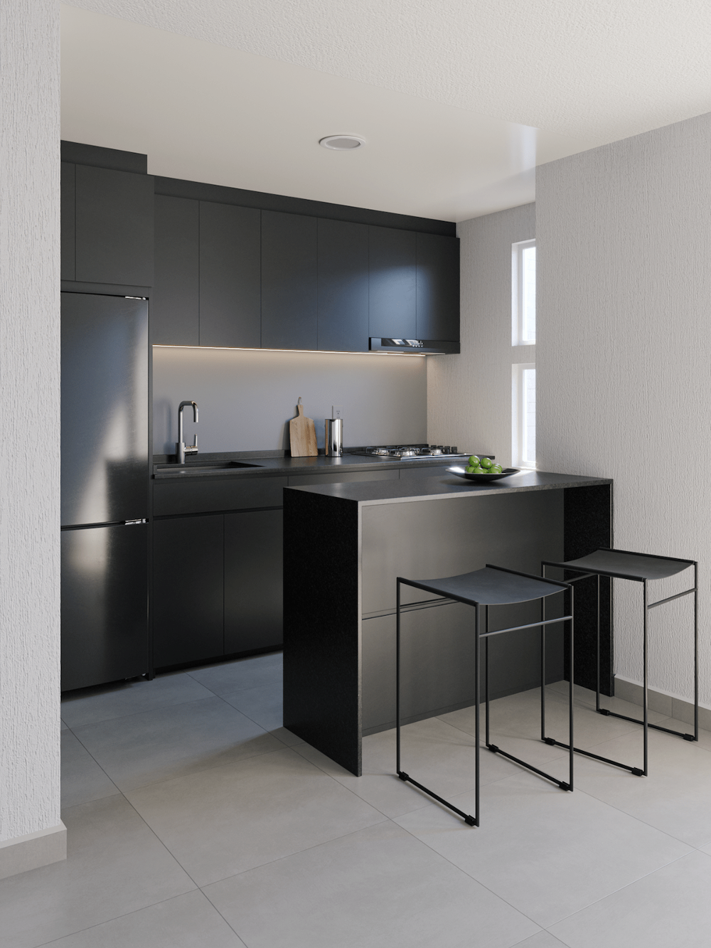 simple white and black kitchen with island