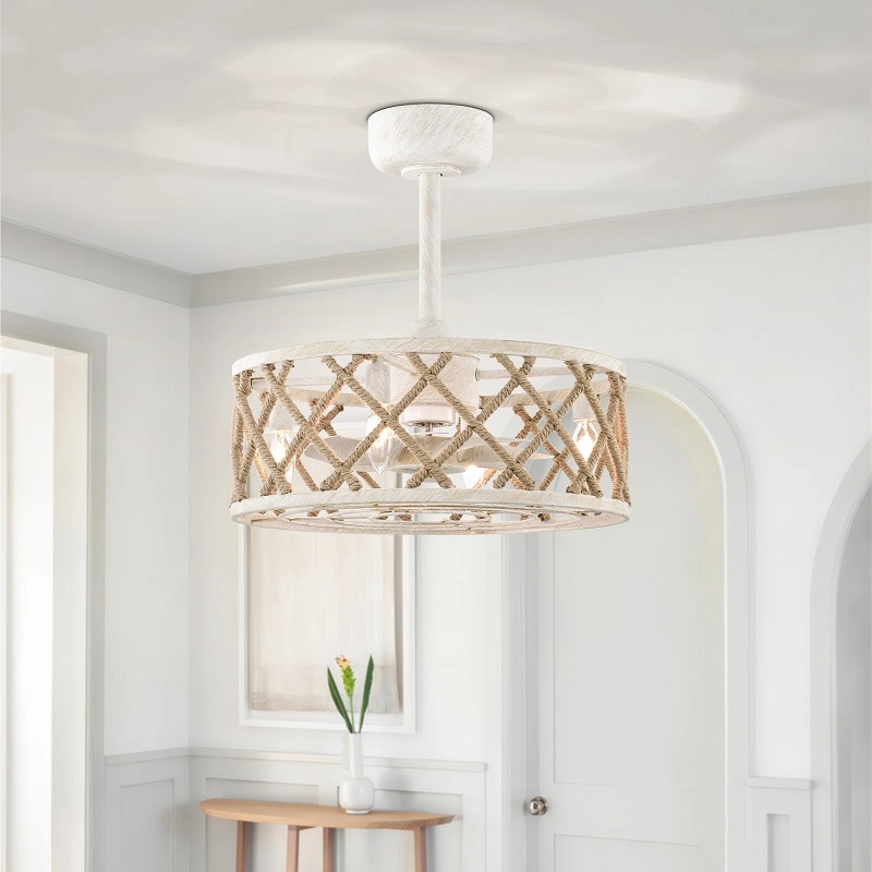 Ceiling fan with rope drum lampshade