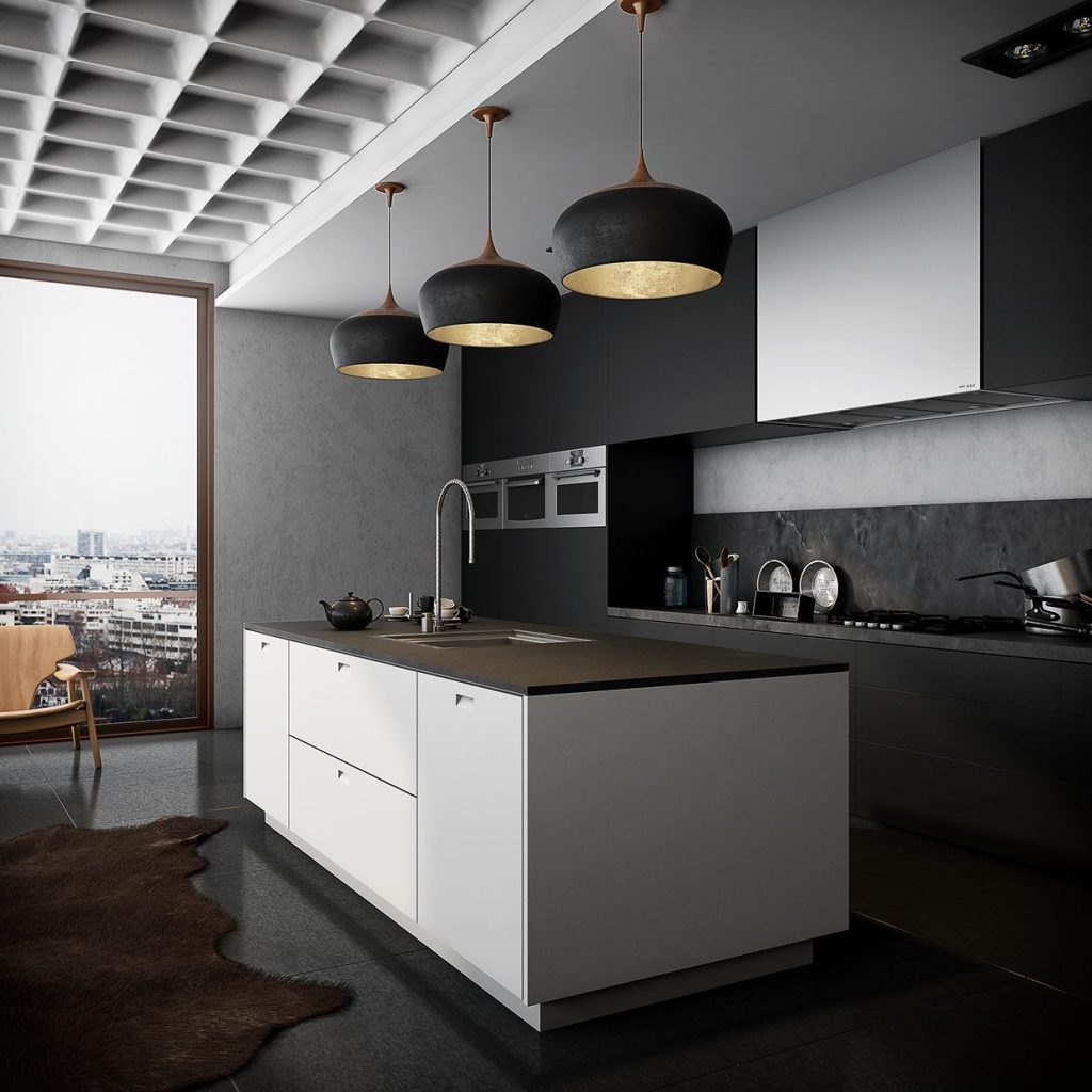 white island in black modern kitchen