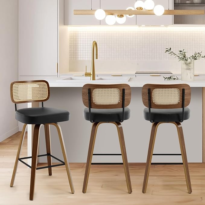 Rattan backed upholstered bar stool