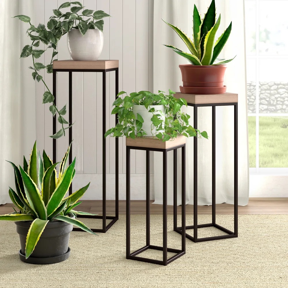 Wood and metal plant stand trio