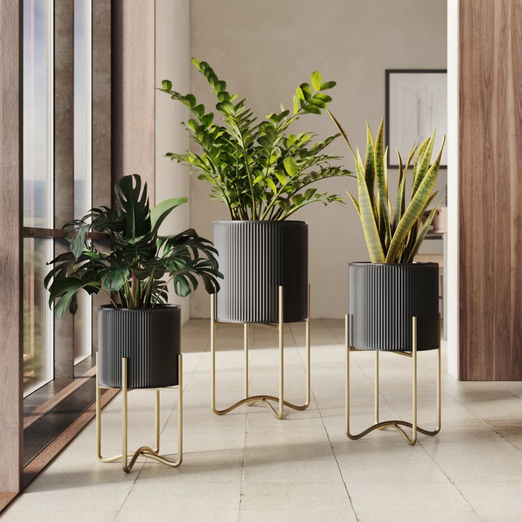 glamorous black and gold plant stands set of three 16 inches to 25 inches tall fluted planter golden metal bases ceramic